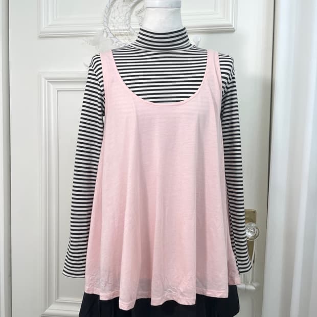 stripe basic span turtle-neck top&pink b