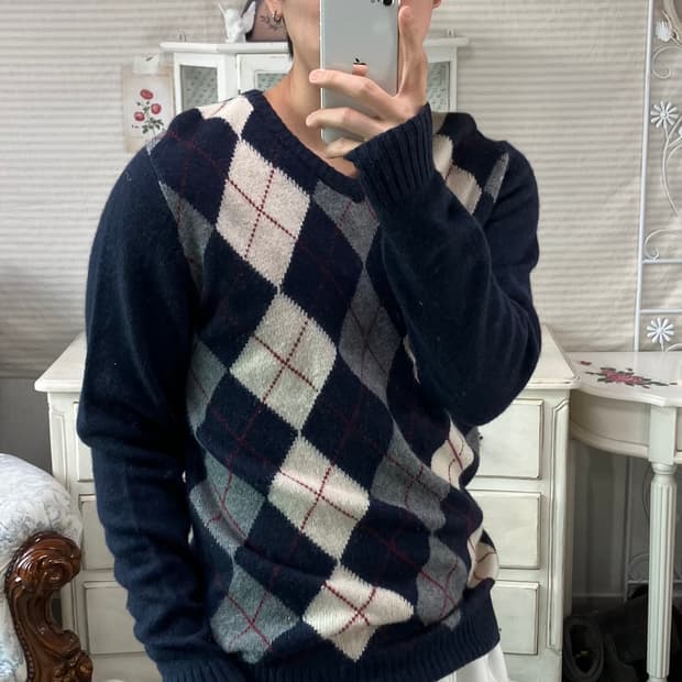 빈티지 네이비 아가일 니트 849 y2k 스트릿 모리 갸루 일본빈티지 펑