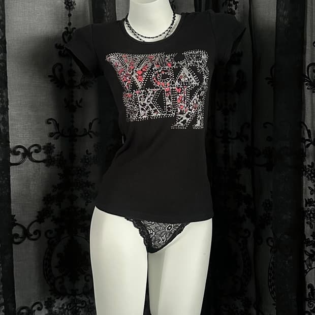 lettering rhinestones short-sleeved