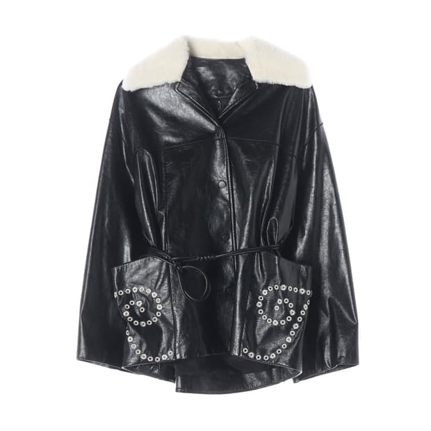 (새상품) 타임 23FW 퍼 카라 벨티드 페이크 레더 재킷