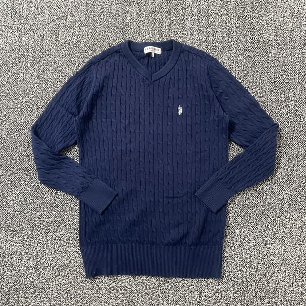 빈티지9. 유에스폴로에센 폴로 꽈배기 니트 스웨터 네이비 화이트 로고