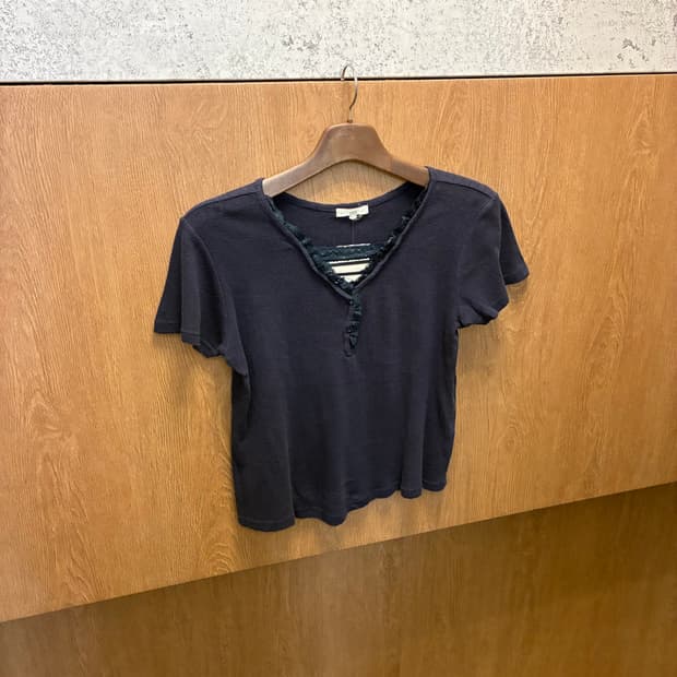 빈티지 반팔 티셔츠 헨리넥 레이스 버튼 디테일 네이비 k531