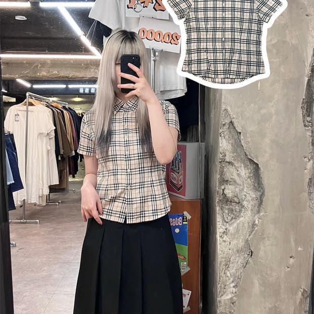 버버리 체크 반팔 셔츠 베이지 M #csz3872