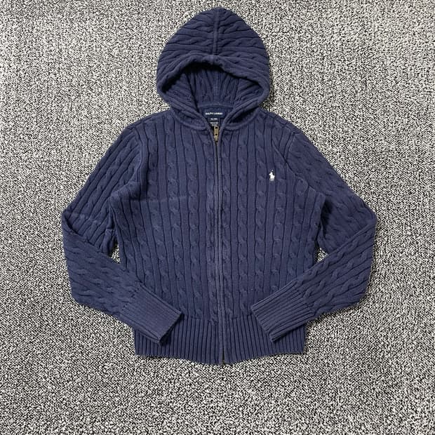 빈티지9. 폴로랄프로렌 케이블 니트 집업 가디건 스웨터 네이비 후드