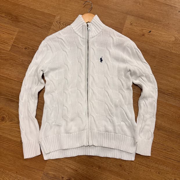 (S)폴로 케이블 니트 집업 화이트