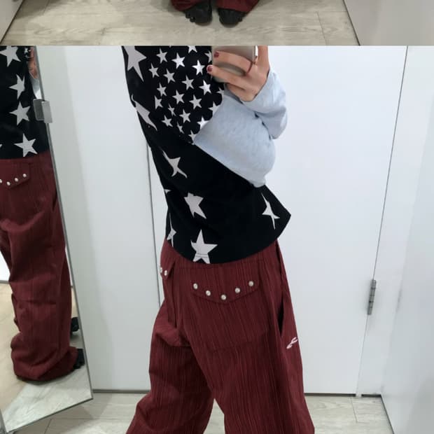 코튼 와이드 스터드 팬츠 (스트라이프 버건디)