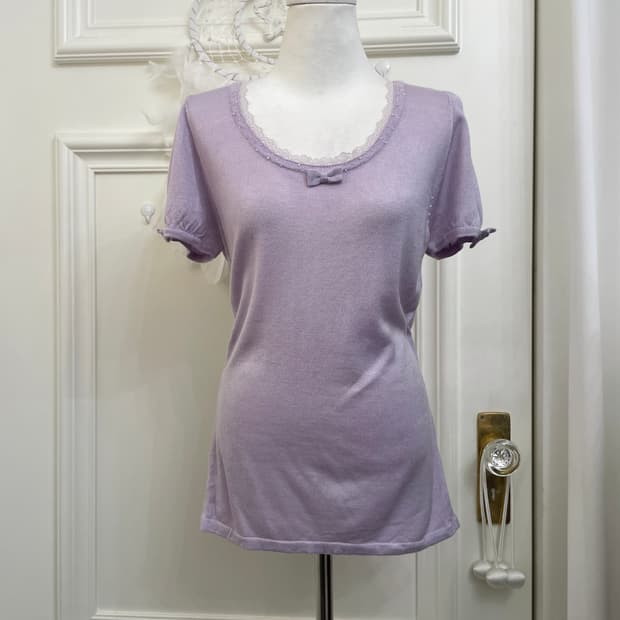 lavender lace bow point knit top(size-M)