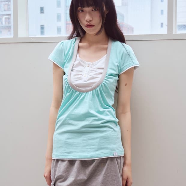 오피쉬 민트 티셔츠 Shirring U neck T-shirts