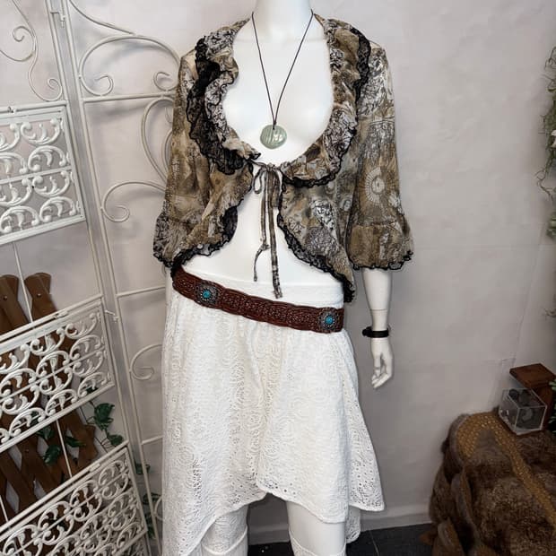 Brown tie dye oriental mesh ruffle 블라우스