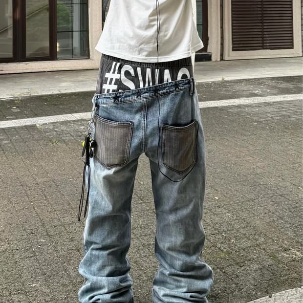 레이어드 워시드 와이드 데님 팬츠