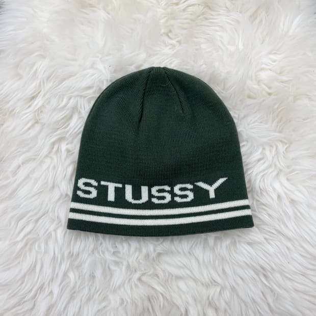 스투시 자카드 스트라이프 스컬캡 비니 다크그린