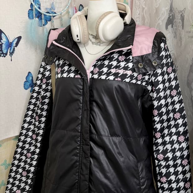 아디다스 블랙 & 핑크 하운드 체크 패딩 자켓