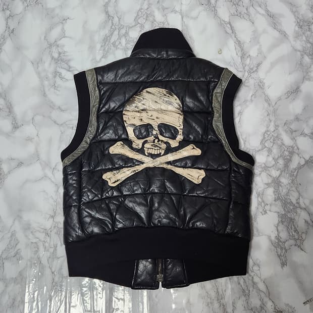 ROEN 로엔 스컬 가죽 다운 베스트 바이커 자켓