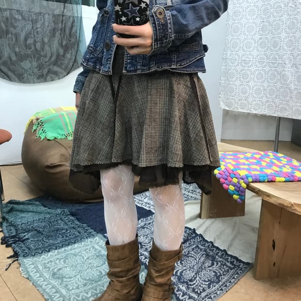 빈티지 여성 모직 체크 언발 미니스커트 