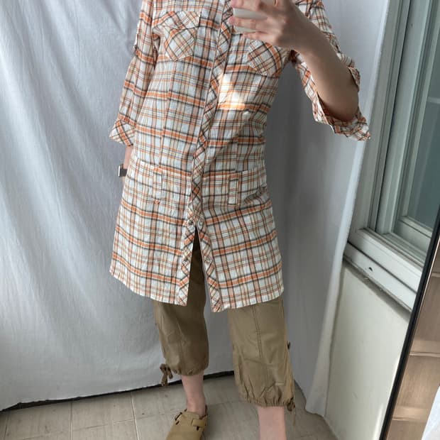오렌지 체크 롱 원피스