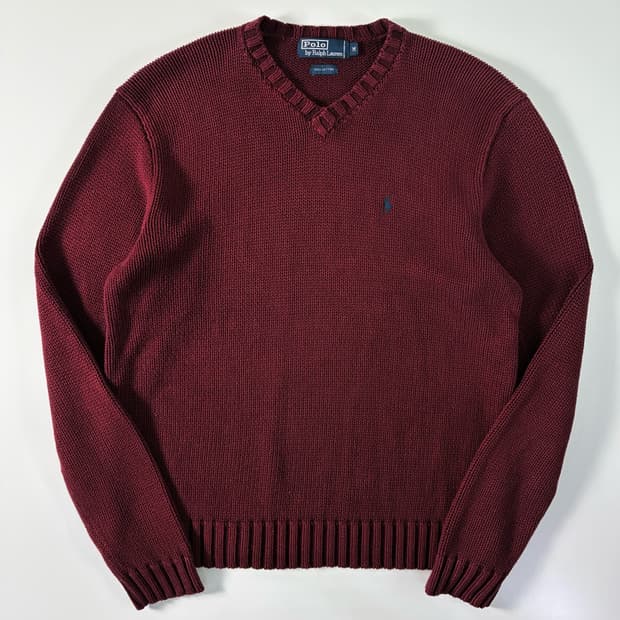 Polo  폴로 랄프로렌 자수 코튼 버건디 브이넥 니트  