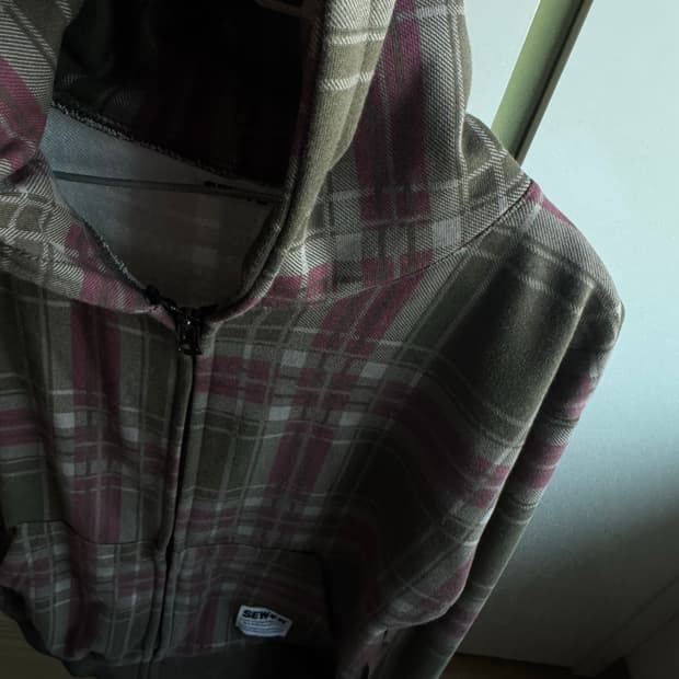 체크 후드집업 카키브라운 