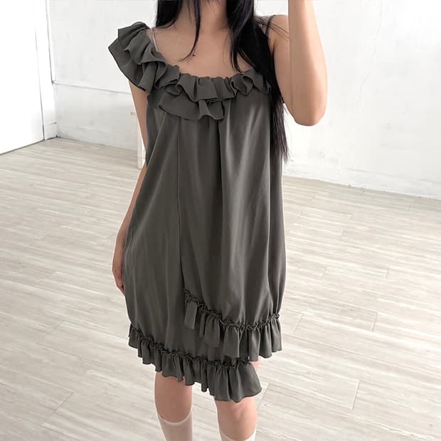 Khaki Asymmetric Ruffle Hem Midi Dress 