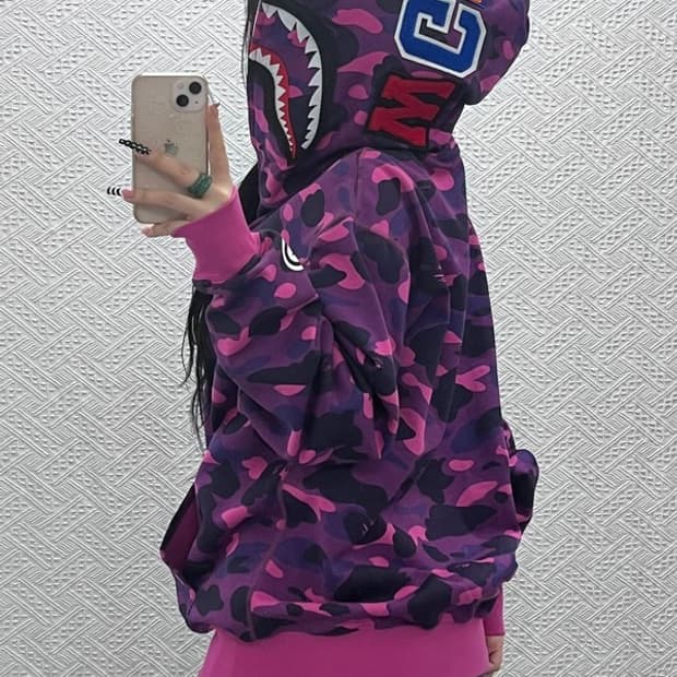 베이프 AAPE 스트릿 펑크 퍼플카모 샤크 후드집업 L C10113