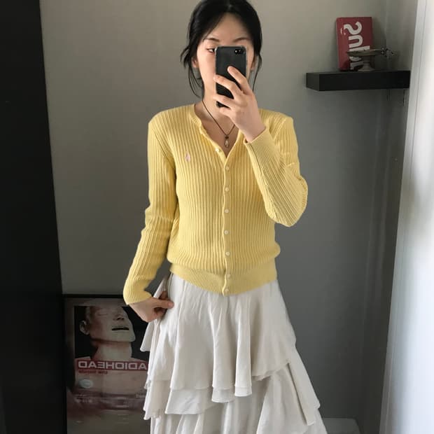 폴로 랄프로렌 포니 로고 옐로우 케이블 니트 가디건