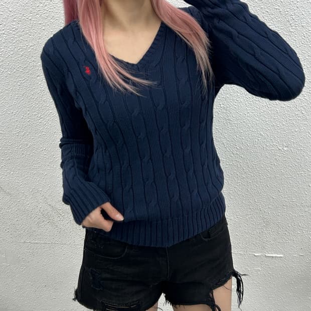 폴로 랄프로렌 레드포니 네이비 꽈배기 브이 니트 M