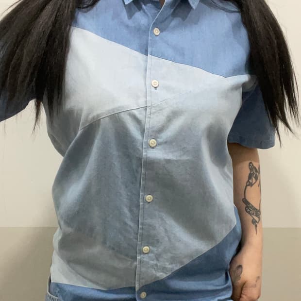 Ships 쉽스 패치워크 샴브레이 데님 반팔셔츠