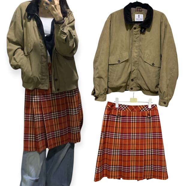 봄버자켓 울 체크 플리츠 스커트 세트 
