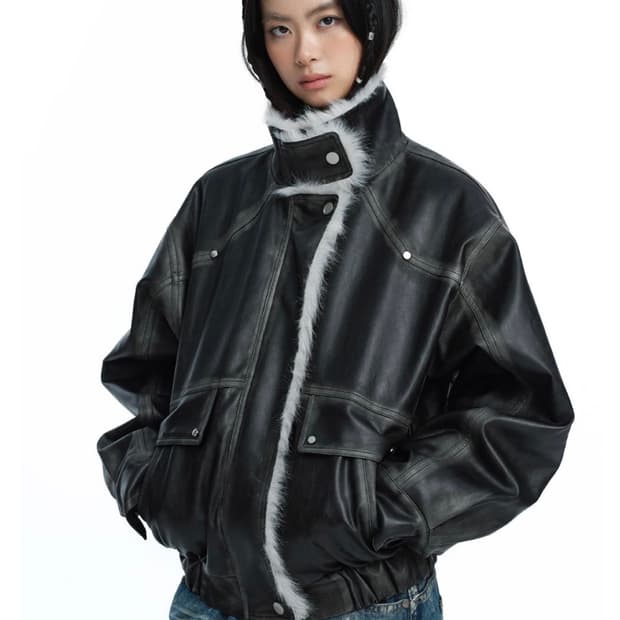 러프넥 워싱레더 무스탕 자켓 그레이 S