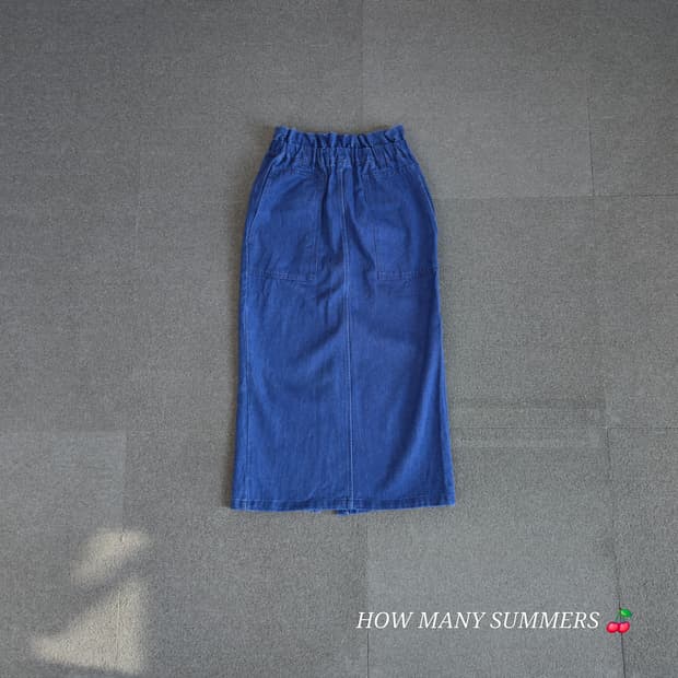 로리즈팜 밴딩 데님 롱 스커트 F 블루 코튼 빈티지 포켓 워싱