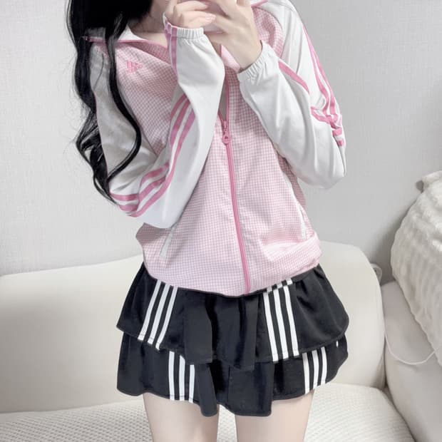 아디다스 초대장급 핑크 공쥬 체크 집업 져지 L