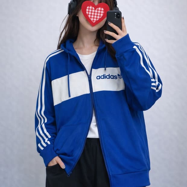 아디다스 블루 화이트 멀티컬러블록 투웨이 후드집업 아노깔