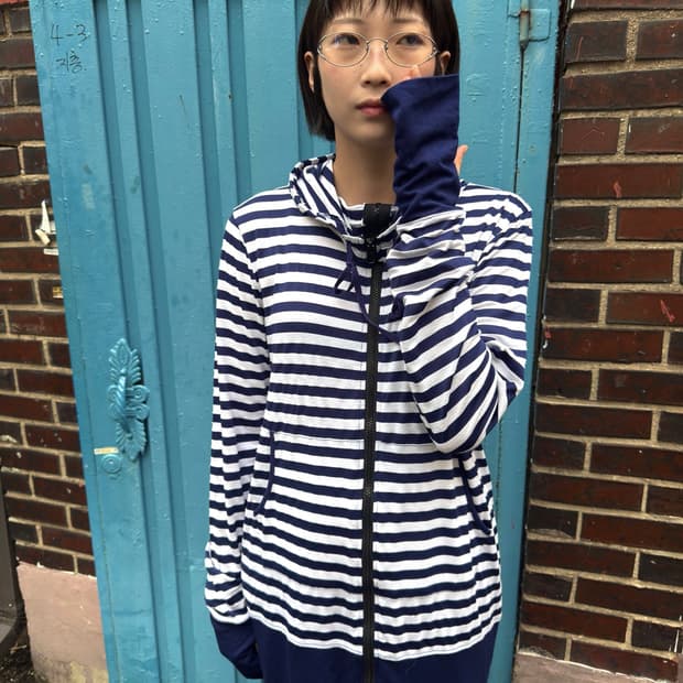 스트라이프 롱 후드집업