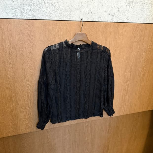 빈티지 하이넥 롱슬리브 블라우스 레이스 시스루 스트라이프 디테일 블랙