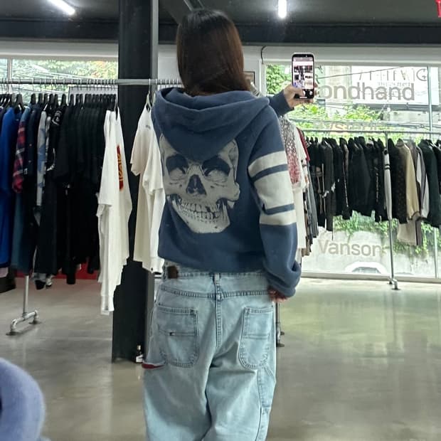 히스테릭글래머 블루 스컬 프린팅 기모 후드집업