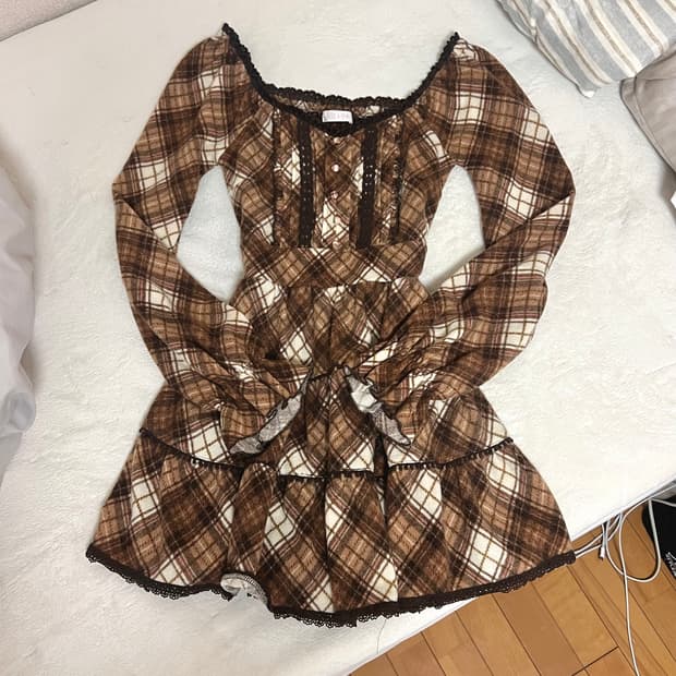 ((급처)) LIZLISA 리즈리사 초코 체크 프릴 튜닉 원피스