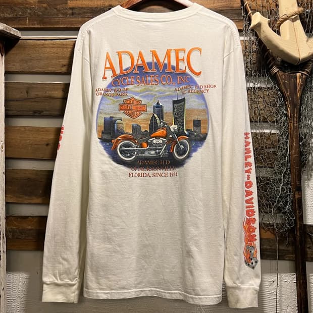 [M]할리 데이비슨 ADAMEC 모터사이클 프린팅 화이트 롱슬리브 티셔츠