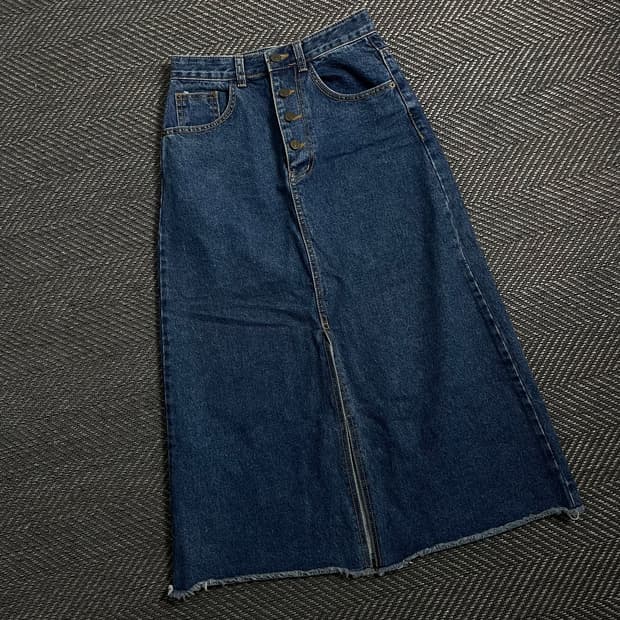 빈티지 버튼 디테일 워싱 데님 절개 미디 스커트y 4604