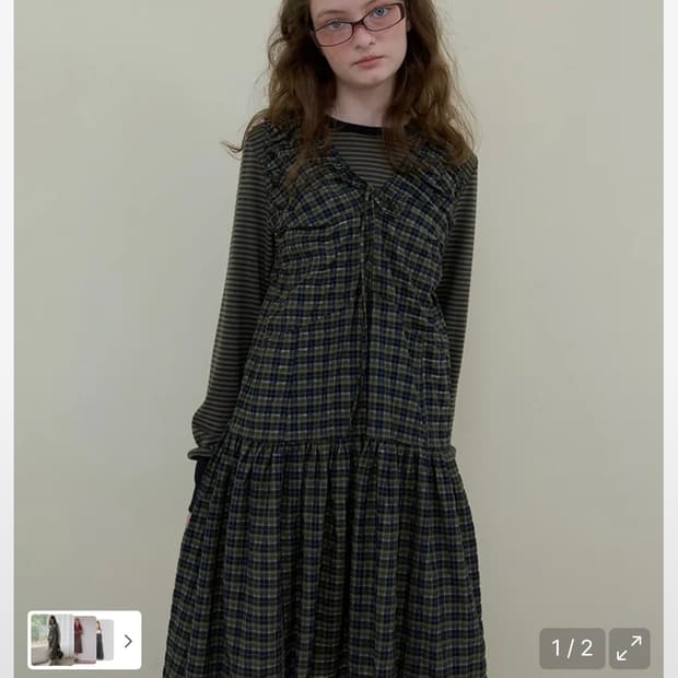 새상품 노컨텐츠 251 체크 밴딩 슬리브리스 원피스 카키