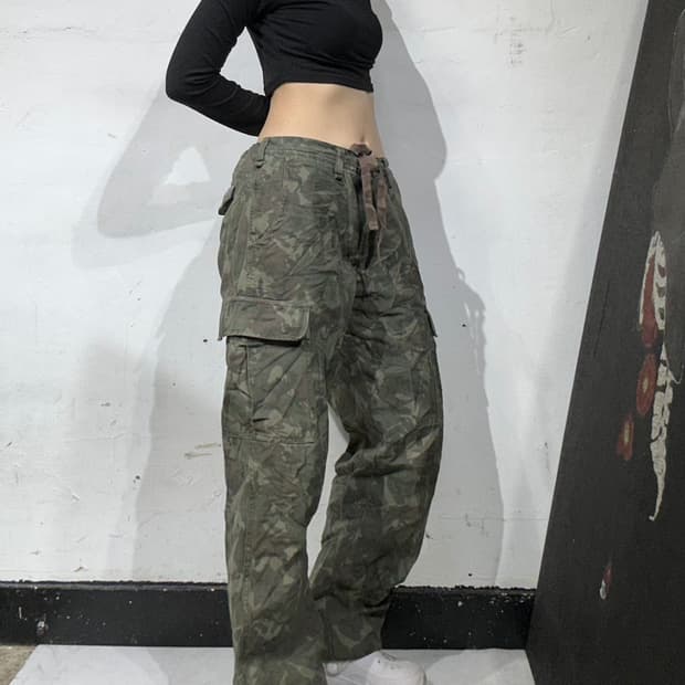 일본 빈티지 카키 밀리터리 카모 카고 팬츠 와이드 팬츠 M