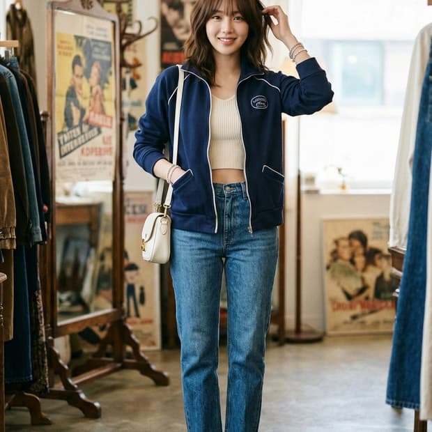 라코스테(LACOSTE) 네이비 파이핑 로고 짚업 트랙탑