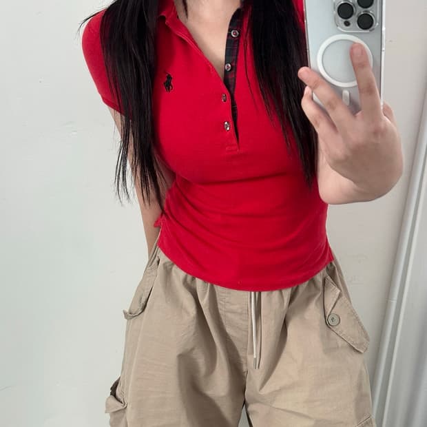 폴로 랄프로렌 레드 체크 5버튼 슬림핏 카라 티셔츠