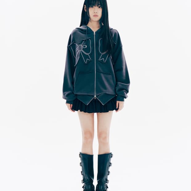 유희 리본 후드 집업 차콜 유희 후드집업