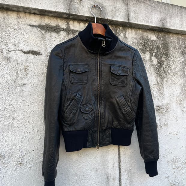 Vintage 하이넥 크롭 레더 자켓 