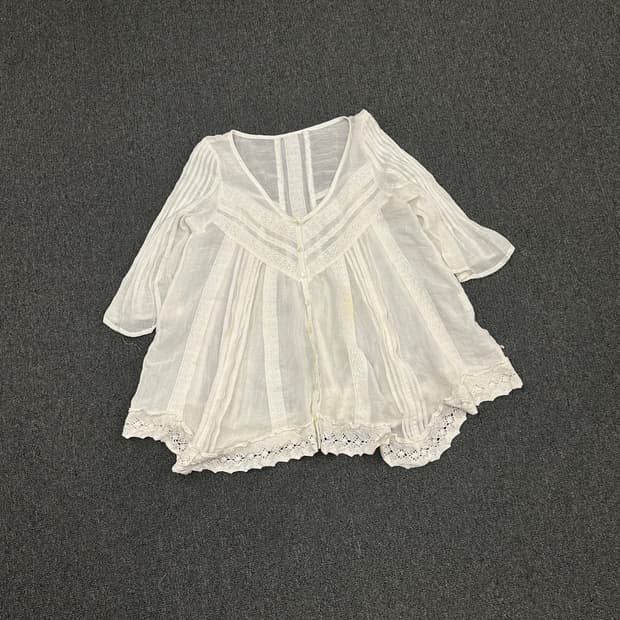 OS)Japanese vintage 여성 레이스 디테일 화이트 블라우스