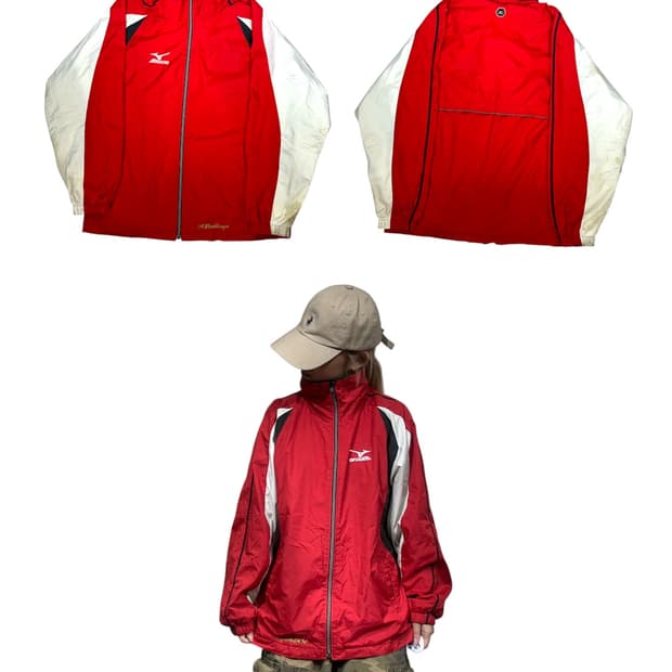 미즈노 레드 화이트 오버핏 바람막이 자켓 S