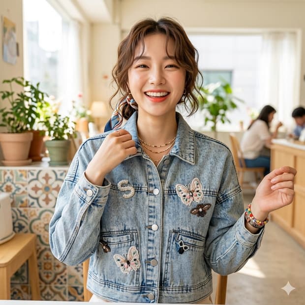 🌟여유핏 55~FREE | 사틴 와펜 자수 여성 데님자켓 S211N10