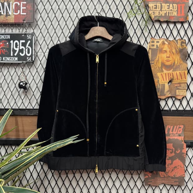 소니아 리키엘 벨루어 후드 집업 자켓 전면 포켓 포인트 블랙