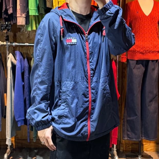 XL 타미힐피거 진스 박스로고 배색 네이비 후드 바람막이