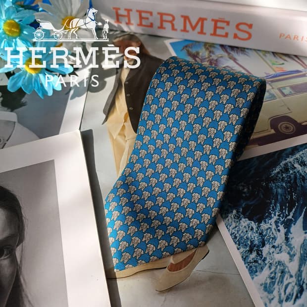 에르메스 실크 블루 코끼리 패턴 넥타이 7.9cm B등급 A19488

