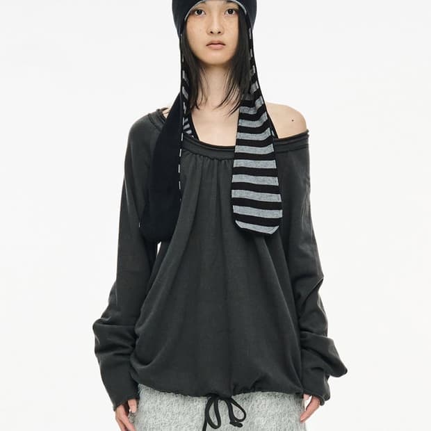 CERRIC Round Hem String Top Charcoal